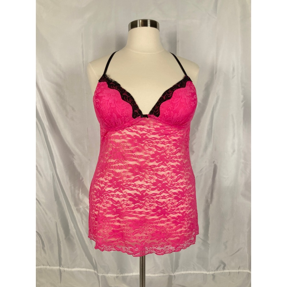 XXL Ambrielle Hot Pink Black Lace Babydoll Chemise Lingerie mini dress top